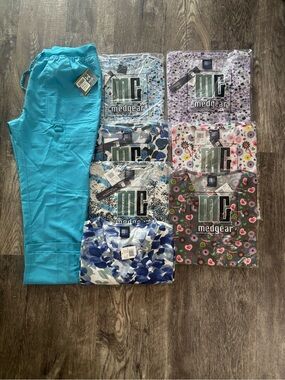 New Medgear Scrub Tops & Teal Scrub Pants- Turquoise & Multicolor Prints.